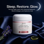 A jar of Glenari Collagen Night Cream is displayed on dark blue satin fabric with lavender sprigs and a yellow softgel pill. The background is a dark navy blue with a glowing crescent moon and text reading 'Sleep. Restore. Glow.'