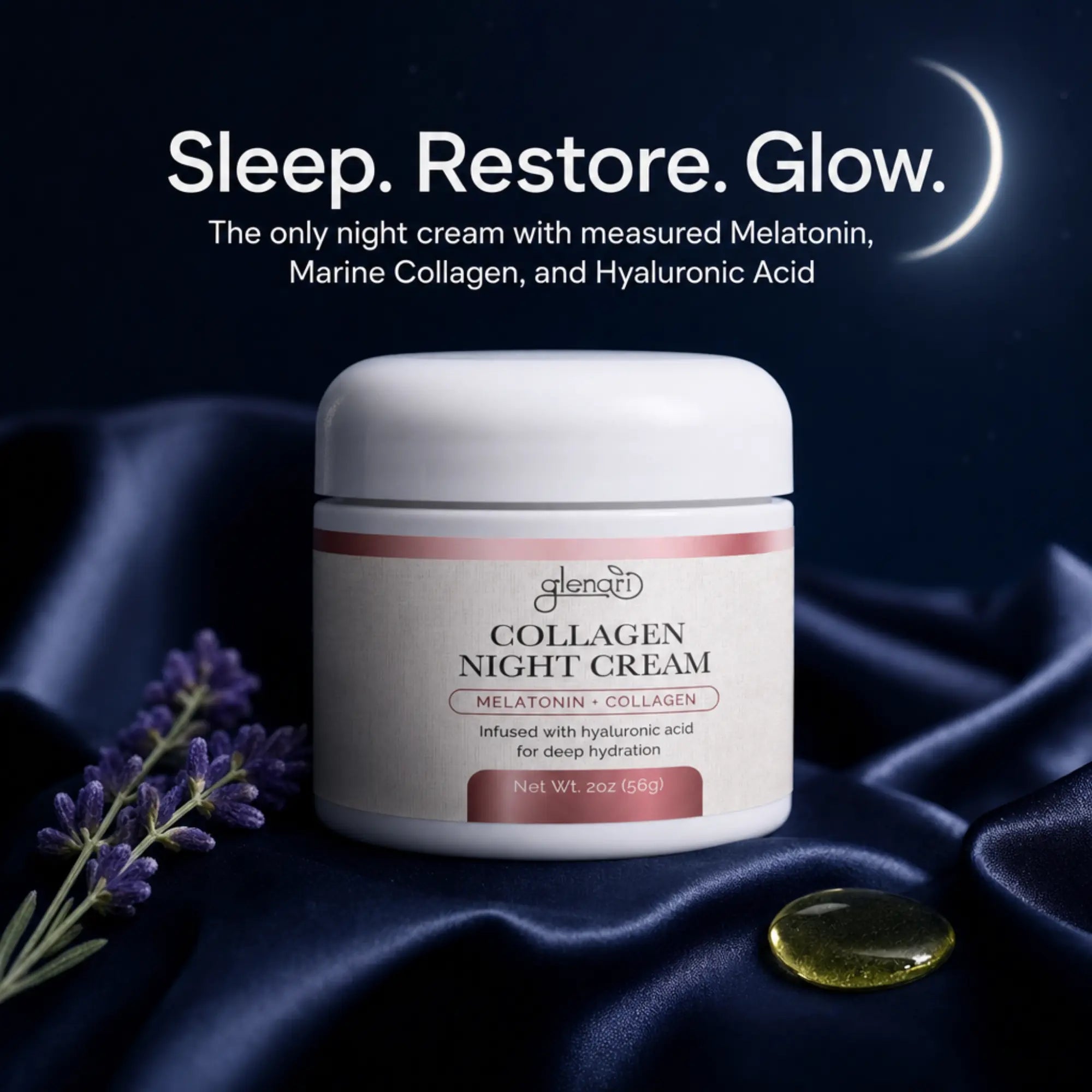 A jar of Glenari Collagen Night Cream is displayed on dark blue satin fabric with lavender sprigs and a yellow softgel pill. The background is a dark navy blue with a glowing crescent moon and text reading 'Sleep. Restore. Glow.'
