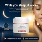 A jar of Glenari Collagen Night Cream is centered against a split dark blue and warm golden background with a woman's face on the right, moon and clock graphics on the left, and marketing text about melatonin and sleep.