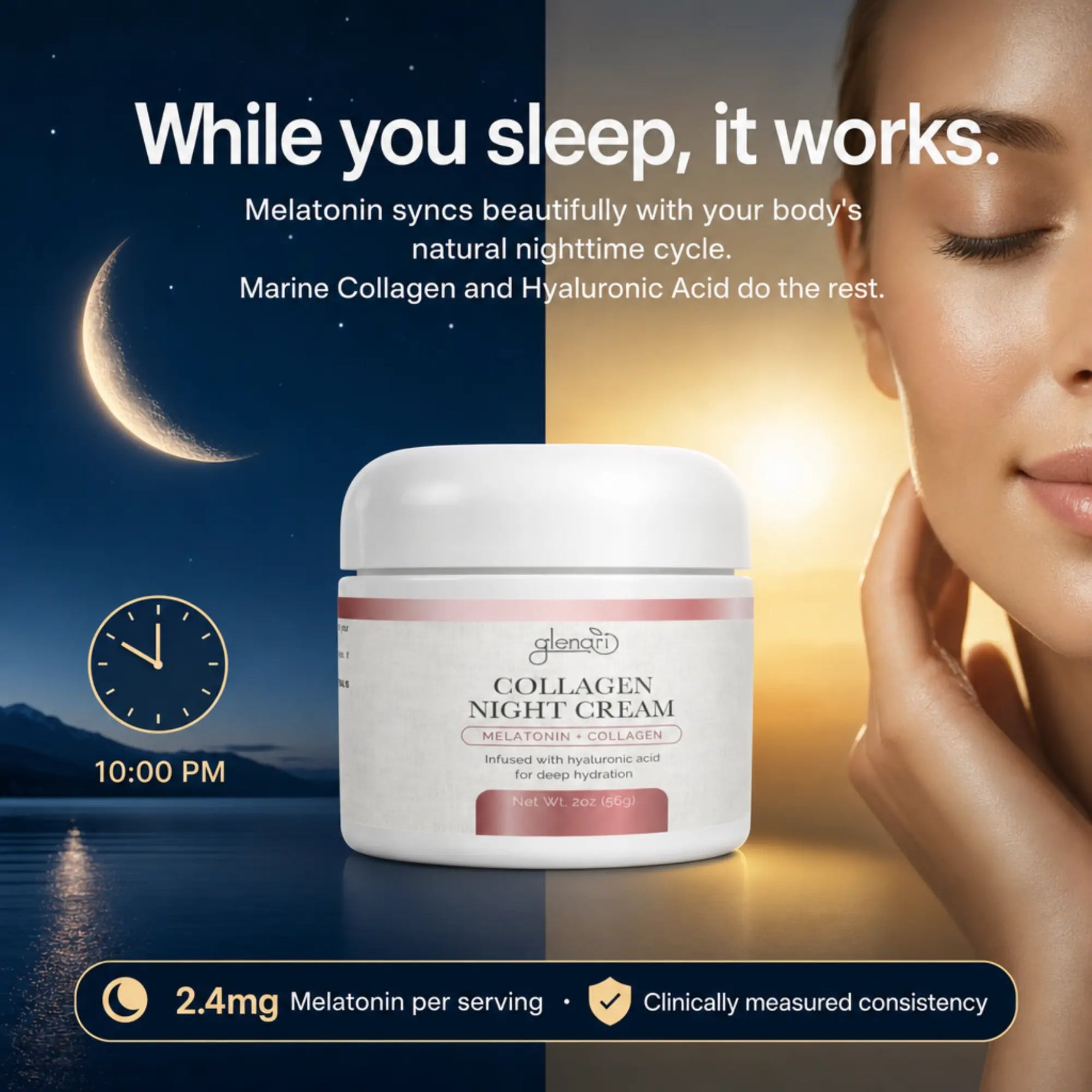 A jar of Glenari Collagen Night Cream is centered against a split dark blue and warm golden background with a woman's face on the right, moon and clock graphics on the left, and marketing text about melatonin and sleep.