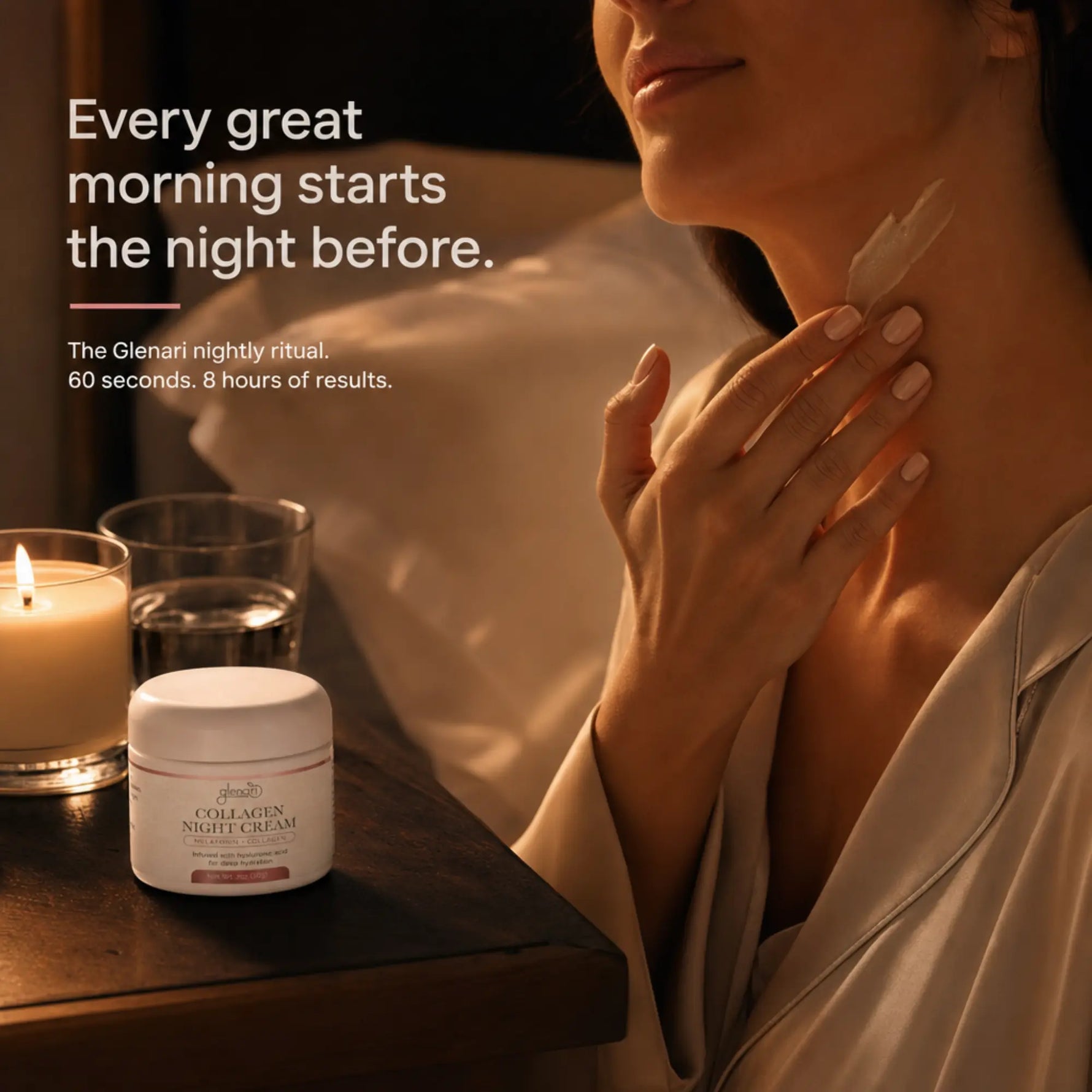 A woman in a satin robe applies a cream to her neck beside a lit candle and a jar labeled Glenari Collagen Night Cream, with promotional text on a dark background.