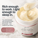 A jar of Glenari Collagen Night Cream with a creamy off-white product being scooped from the open container, set against a clean white marble background with promotional text.