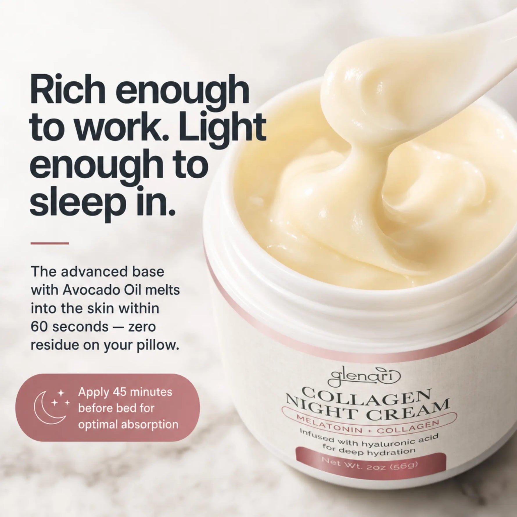 A jar of Glenari Collagen Night Cream with a creamy off-white product being scooped from the open container, set against a clean white marble background with promotional text.