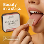 A close-up of a person applying a translucent collagen strip to their tongue, with a small product box labeled 'glans collagen strips' visible on a warm yellow background. Text on the image reads 'Beauty in a strip.
