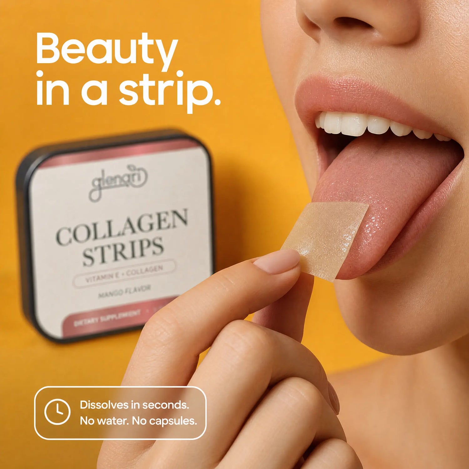 A close-up of a person applying a translucent collagen strip to their tongue, with a small product box labeled 'glans collagen strips' visible on a warm yellow background. Text on the image reads 'Beauty in a strip.