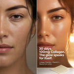 Split-screen beauty advertisement showing a close-up of a woman's face before and after collagen treatment, with text reading '30 days. 100mg Collagen.
