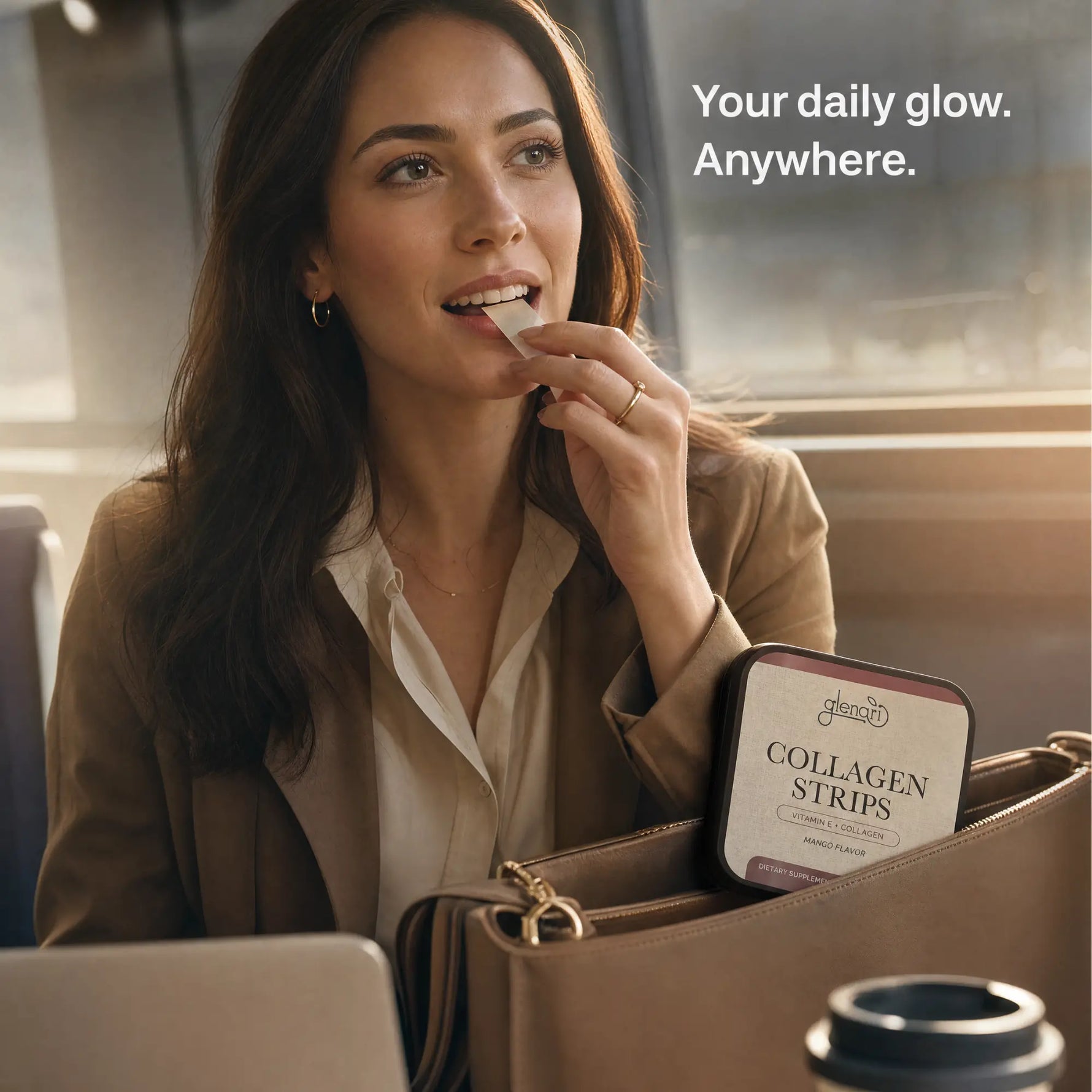 A woman in a brown blazer sits indoors near a window, applying a skincare patch to her mouth while a tan handbag beside her holds a tin of Collagen Strips. White text in the upper right reads, 'Your daily glow.