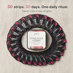 A circular arrangement of collagen strip packets around a central package on a light beige textured background, with promotional text at the top reading '30 strips. 30 days.