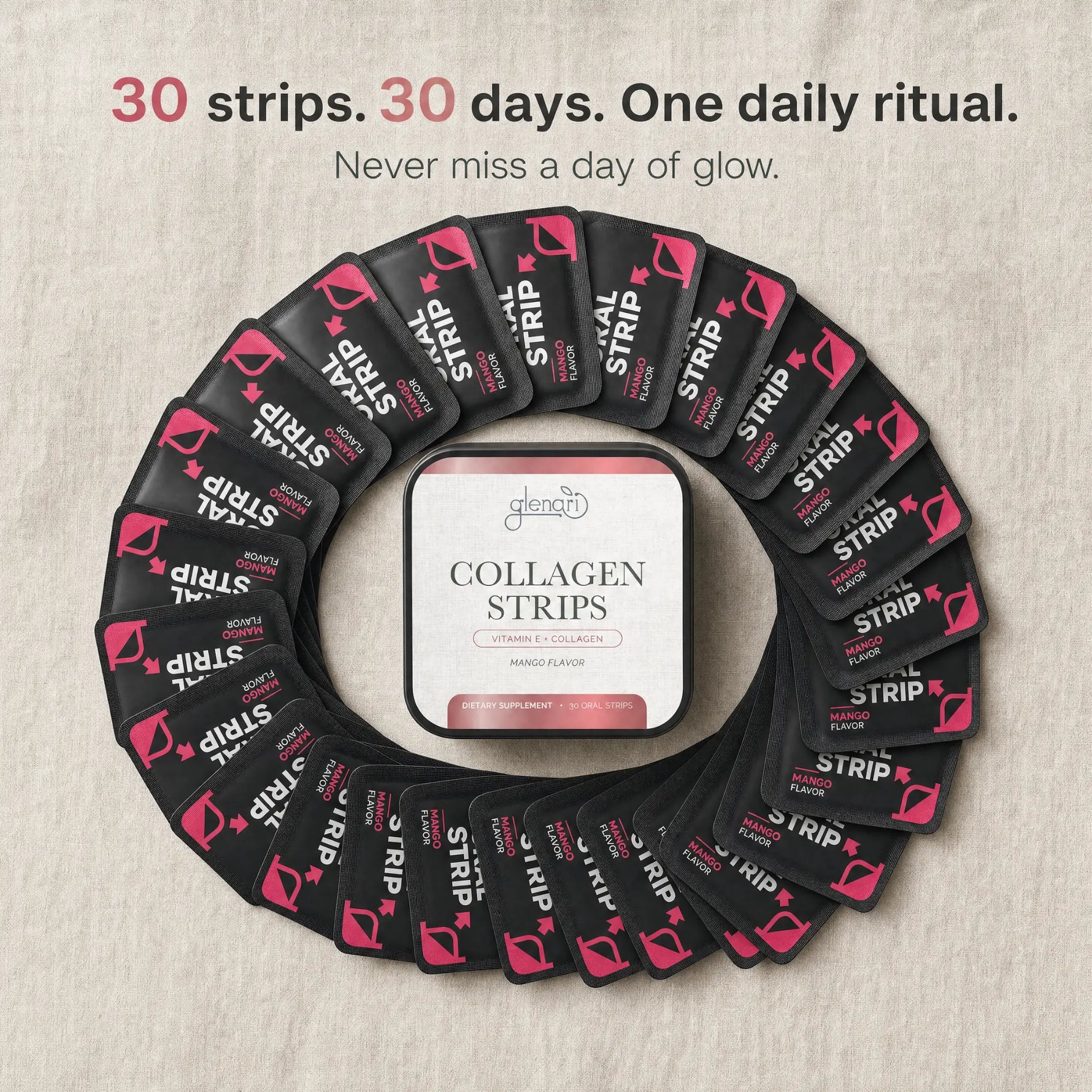 A circular arrangement of collagen strip packets around a central package on a light beige textured background, with promotional text at the top reading '30 strips. 30 days.