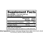 A supplement facts label for a collagen peptide product, showing serving size, daily value percentages, and listed ingredients including Vitamin E and Collagen Peptide. The text is black on a white background.