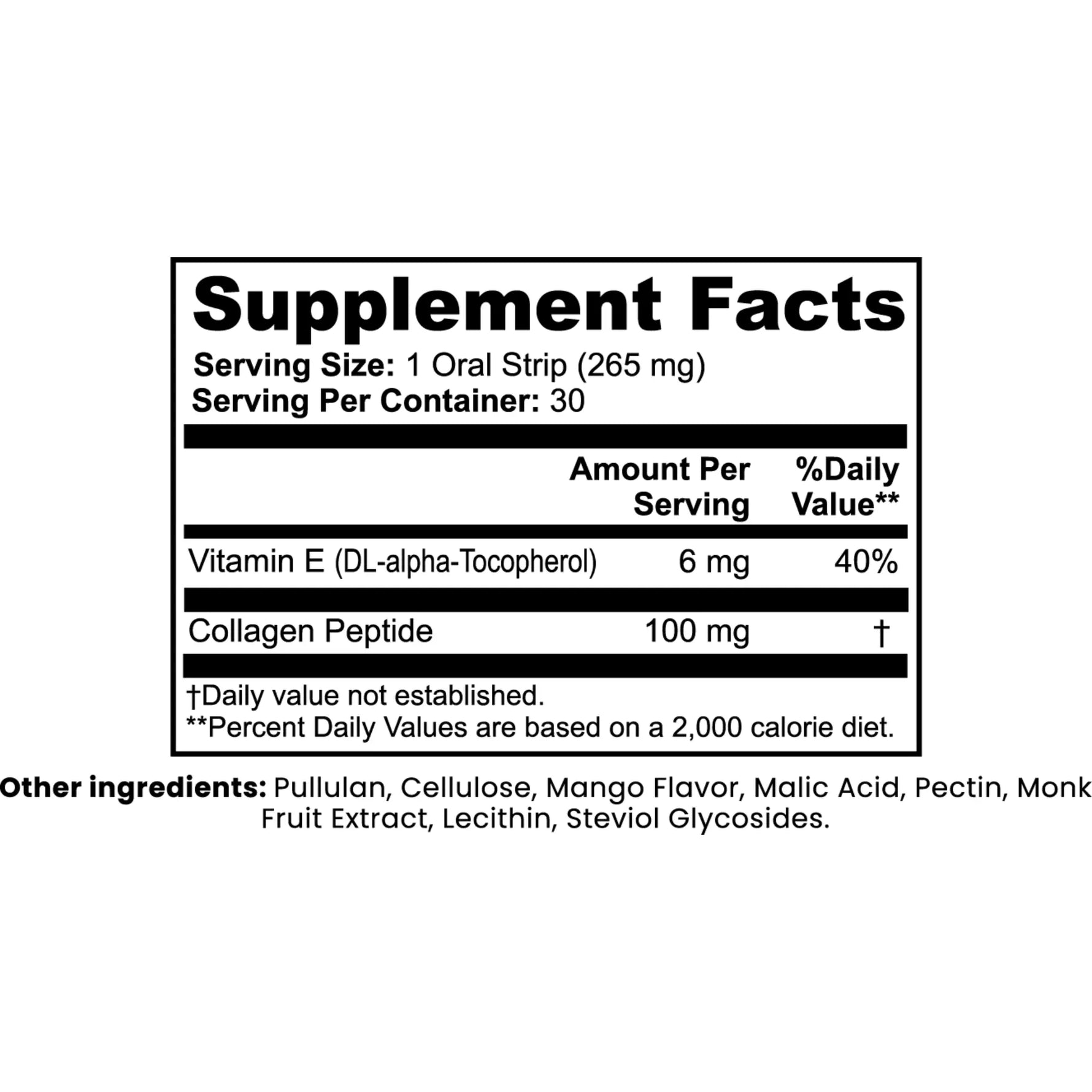 A supplement facts label for a collagen peptide product, showing serving size, daily value percentages, and listed ingredients including Vitamin E and Collagen Peptide. The text is black on a white background.