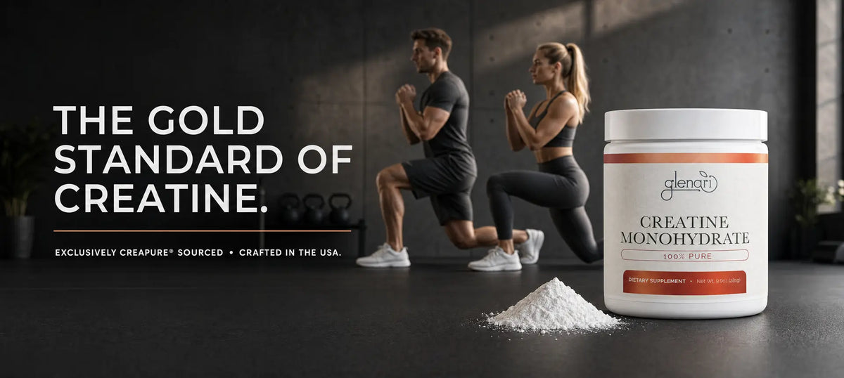 Horizontal fitness banner for Glenari Creatine Monohydrate featuring pure Creapure powder in a gym setting.
