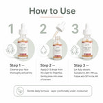 An instructional graphic titled 'How to Use' showing three steps for applying Glenari Recipe Dark Spot Serum. Step 1 shows the bottle after cleansing, Step 2 shows the dropper dispensing the serum, and Step 3 shows the bottle after absorption.