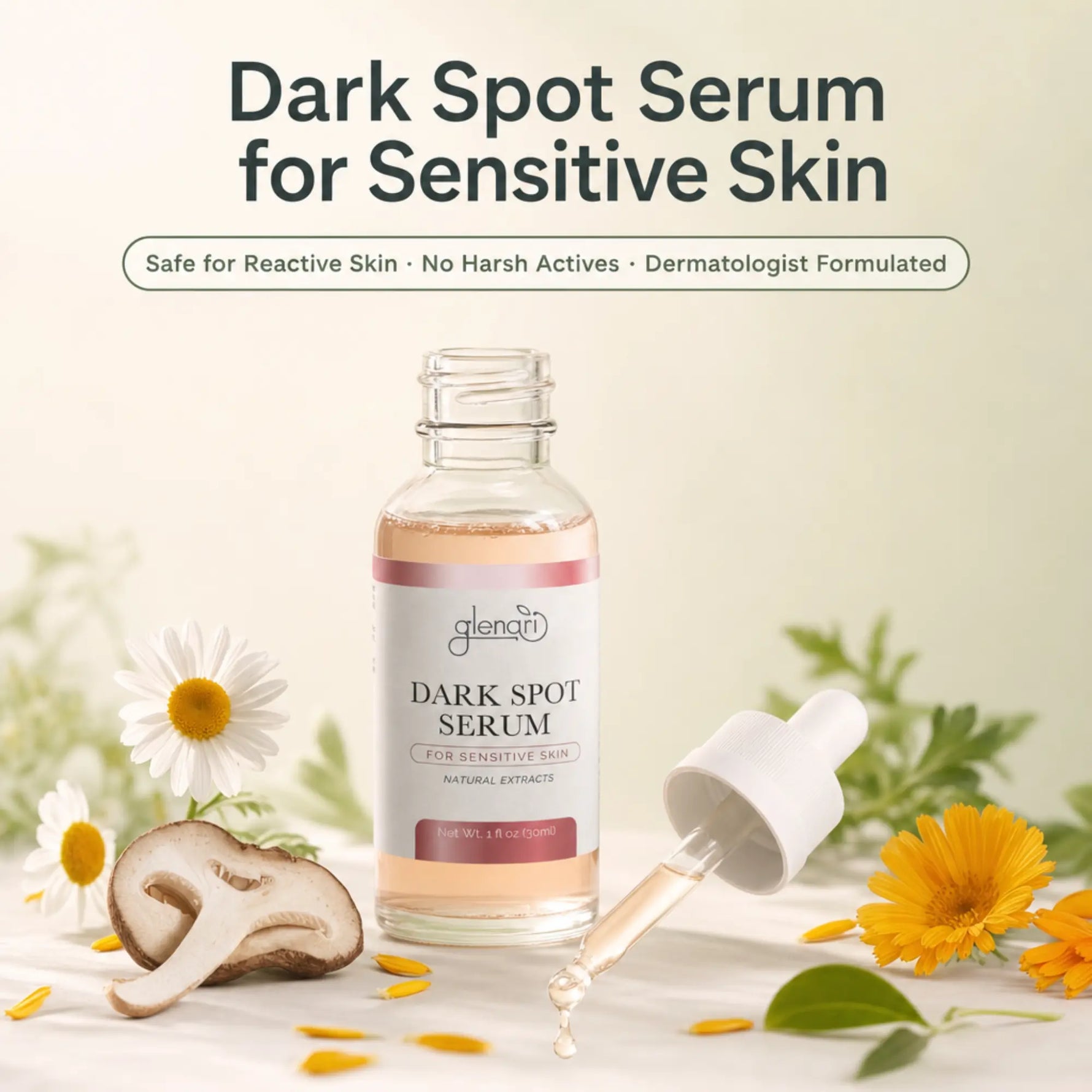 A bottle of Glenari Dark Spot Serum for sensitive skin, shown with its dropper on a light surface surrounded by chamomile flowers, sliced mushrooms, and green leaves. The image includes text overlays at the top describing the product benefits.