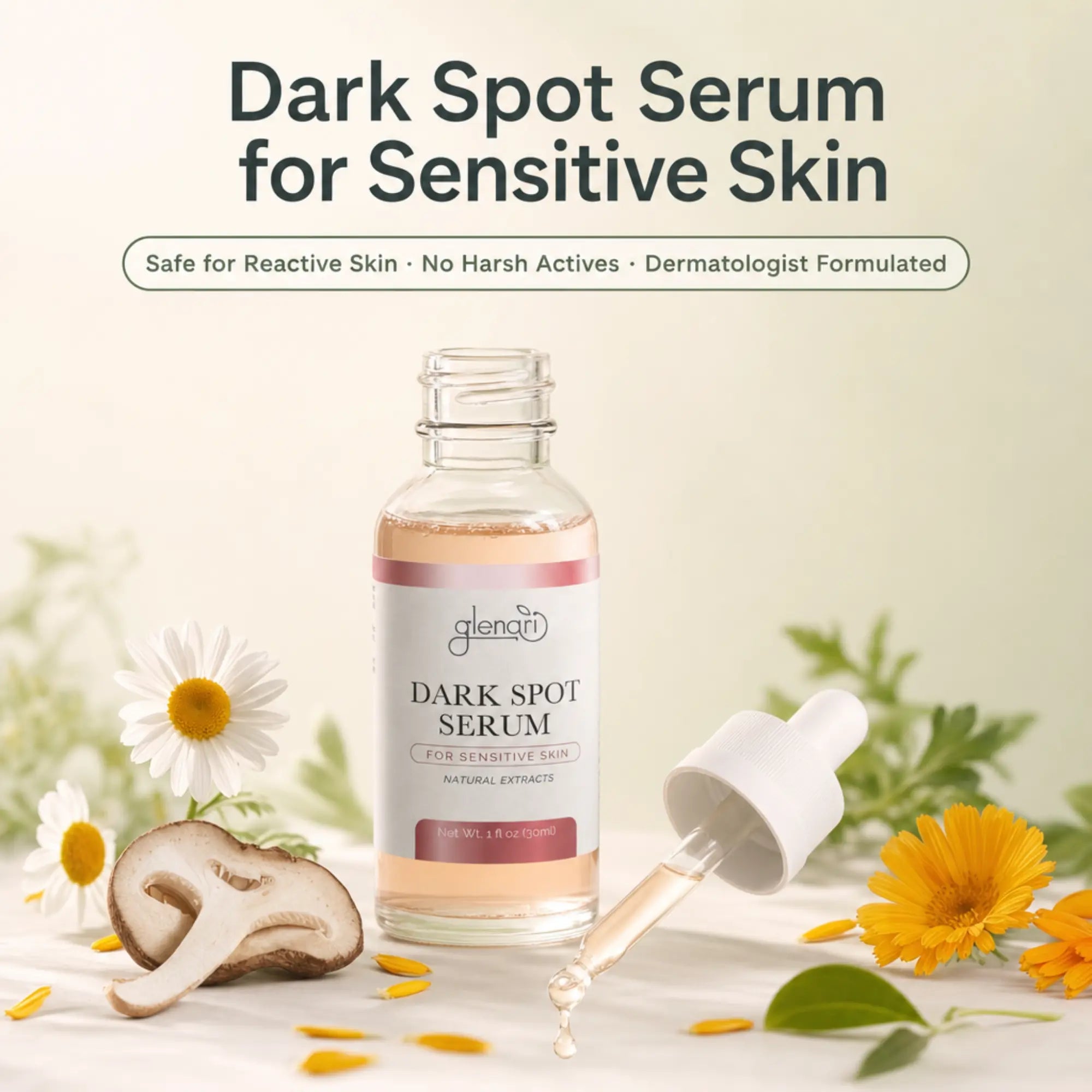 A bottle of Glenari Dark Spot Serum for sensitive skin, shown with its dropper on a light surface surrounded by chamomile flowers, sliced mushrooms, and green leaves. The image includes text overlays at the top describing the product benefits.