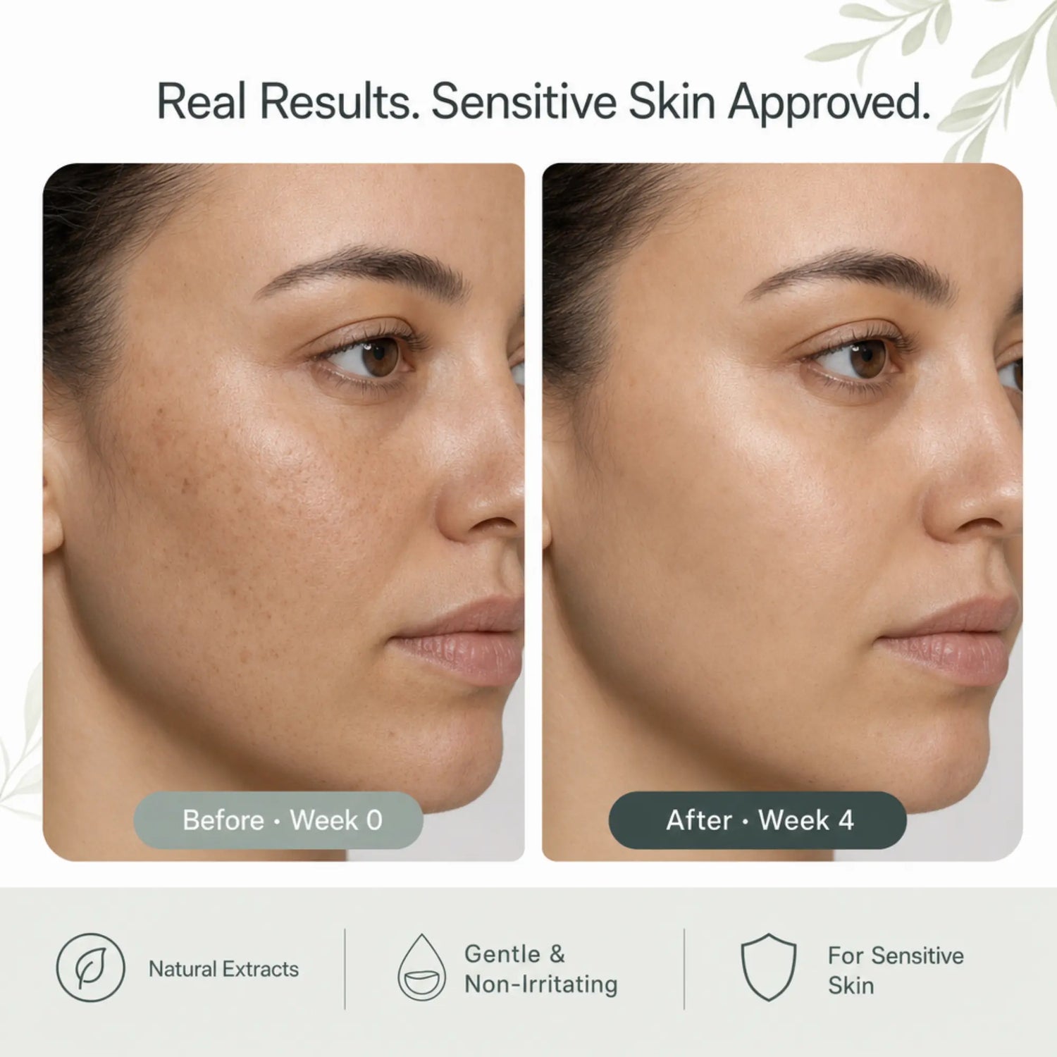 Before-and-after skincare comparison showing a woman's cheek and jawline for sensitive skin, with text reading 'Real Results. Sensitive Skin Approved.