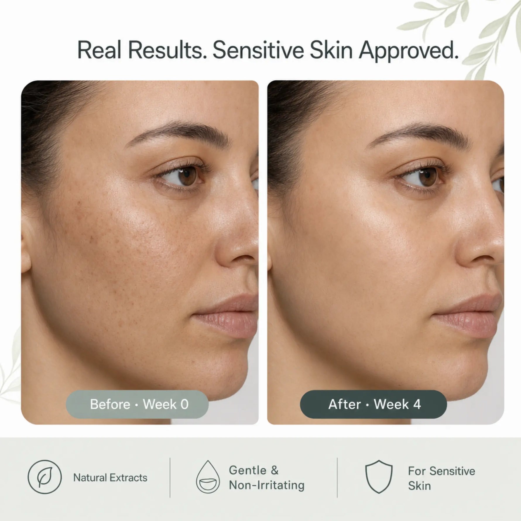 Before-and-after skincare comparison showing a woman's cheek and jawline for sensitive skin, with text reading 'Real Results. Sensitive Skin Approved.