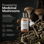 A bottle of Lentinus Edodes + Trametes Versicolor Dark Spot Serum is displayed with a dropper on a dark forest-themed background featuring mushrooms and moss. The left side includes marketing text about the ingredients and benefits.