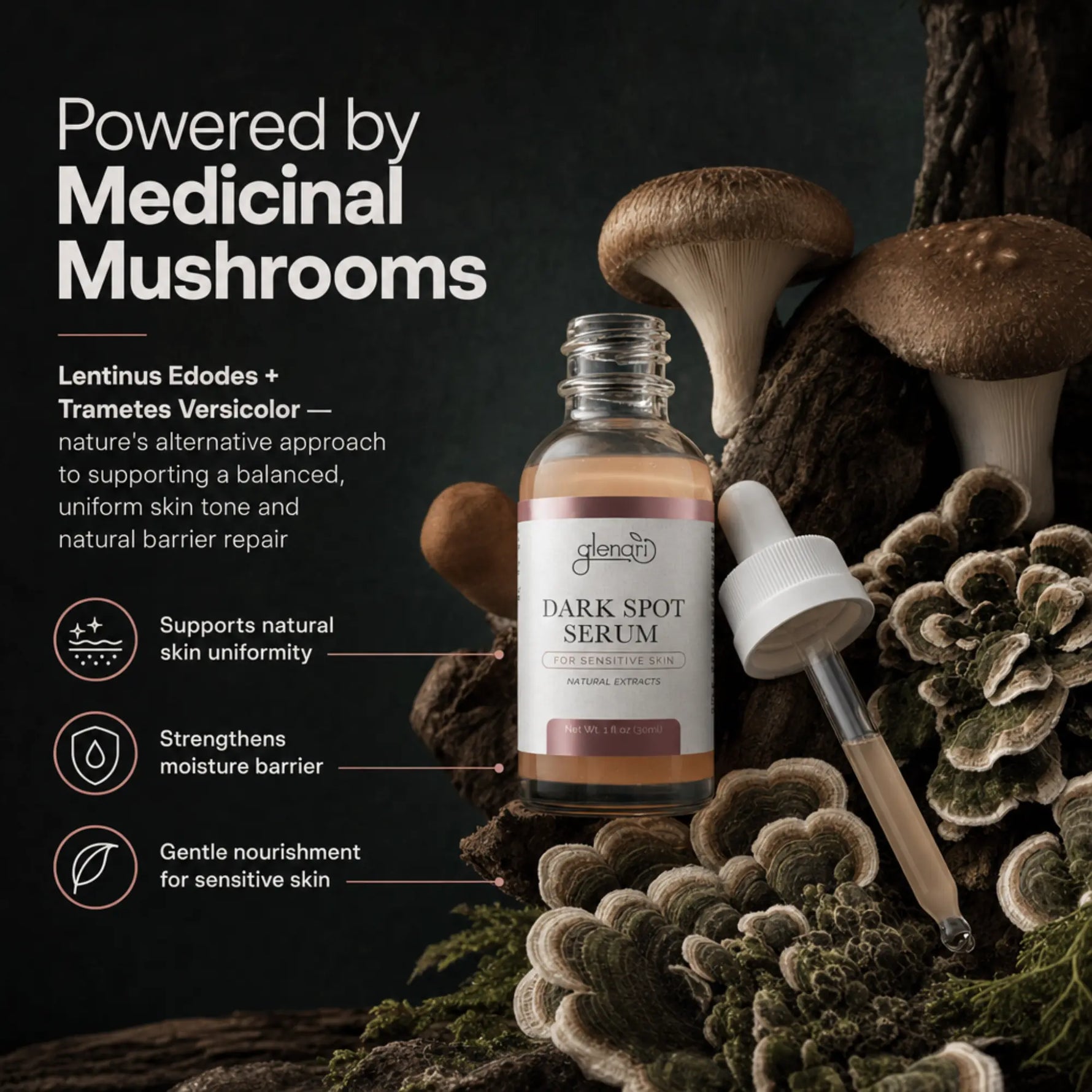 A bottle of Lentinus Edodes + Trametes Versicolor Dark Spot Serum is displayed with a dropper on a dark forest-themed background featuring mushrooms and moss. The left side includes marketing text about the ingredients and benefits.