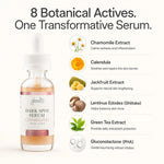 A bottle of Glenari Dark Spot Serum with a white dropper cap, shown next to a vertical list of eight botanical actives including chamomile extract, calendula, jackfruit extract, lentinus edodes, green tea extract, and gluconolactone (PHA) on a light cream background.