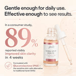 A skincare ad for Glenari Dark Spot Serum featuring a clear glass dropper bottle with pink serum inside and a white dropper, alongside large marketing text about 89% reported visible improvement in skin clarity in 4 weeks.