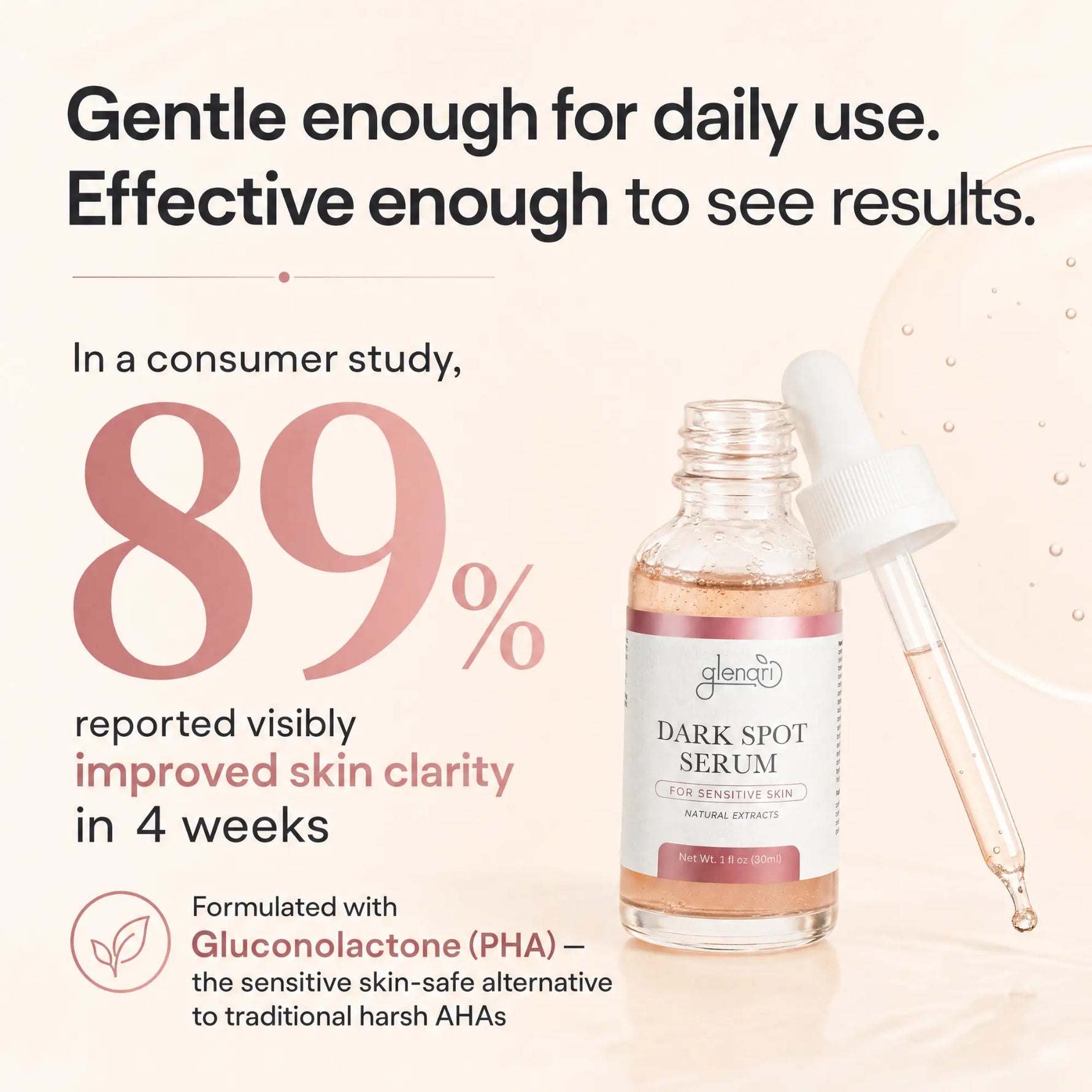 A skincare ad for Glenari Dark Spot Serum featuring a clear glass dropper bottle with pink serum inside and a white dropper, alongside large marketing text about 89% reported visible improvement in skin clarity in 4 weeks.
