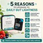 Promotional graphic for Glenari Digest Strips showing two product packages: a square boxed pack and a single oral strip packet. The products are displayed alongside illustrated and real fruit/vegetable props on a light background, with text listing five reasons to upgrade to daily gut lightness.