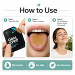Instruction graphic titled 'How to Use' showing three steps for applying an oral strip: opening the black packet, placing the strip on the tongue, and letting it dissolve under 60 seconds. A woman is pictured smiling in the third panel, and a teal banner at the bottom lists benefits like no water, no pills, and no aftertaste.