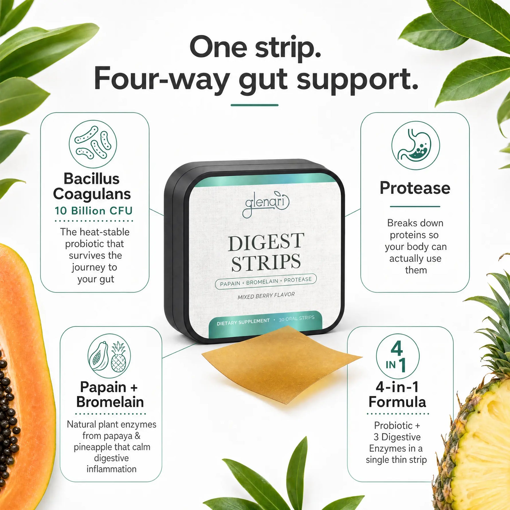 Glenari Digest Strips probiotic supplement packaging shown on a white background with tropical fruit and leaf graphics. The image includes callout boxes describing the product benefits: Bacillus Coagulans, Protease, Papain + Bromelain, and 4-in-1 gut support.