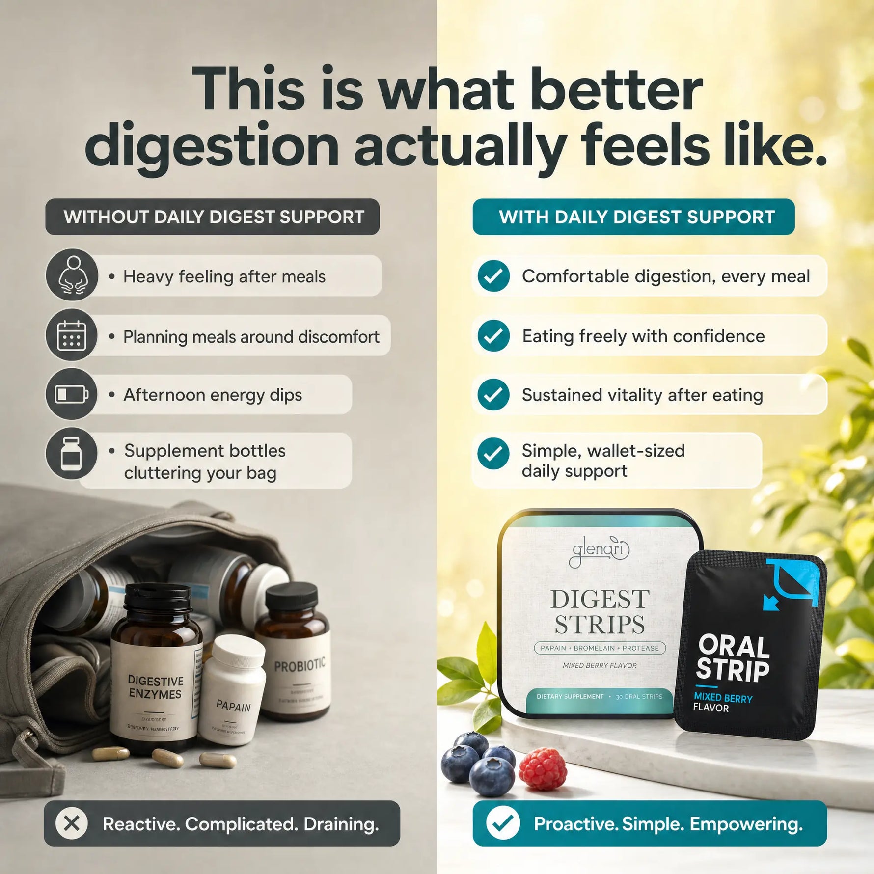 A promotional comparison graphic for digestive support products. The left side shows a person lying down holding a bag of capsules and supplement bottles, with text describing symptoms without daily digest support.