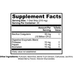 A Supplement Facts label showing ingredients and serving information for a product, with text listing Bacillus Coagulans, digestive enzymatic blend components, and other ingredients on a white background.