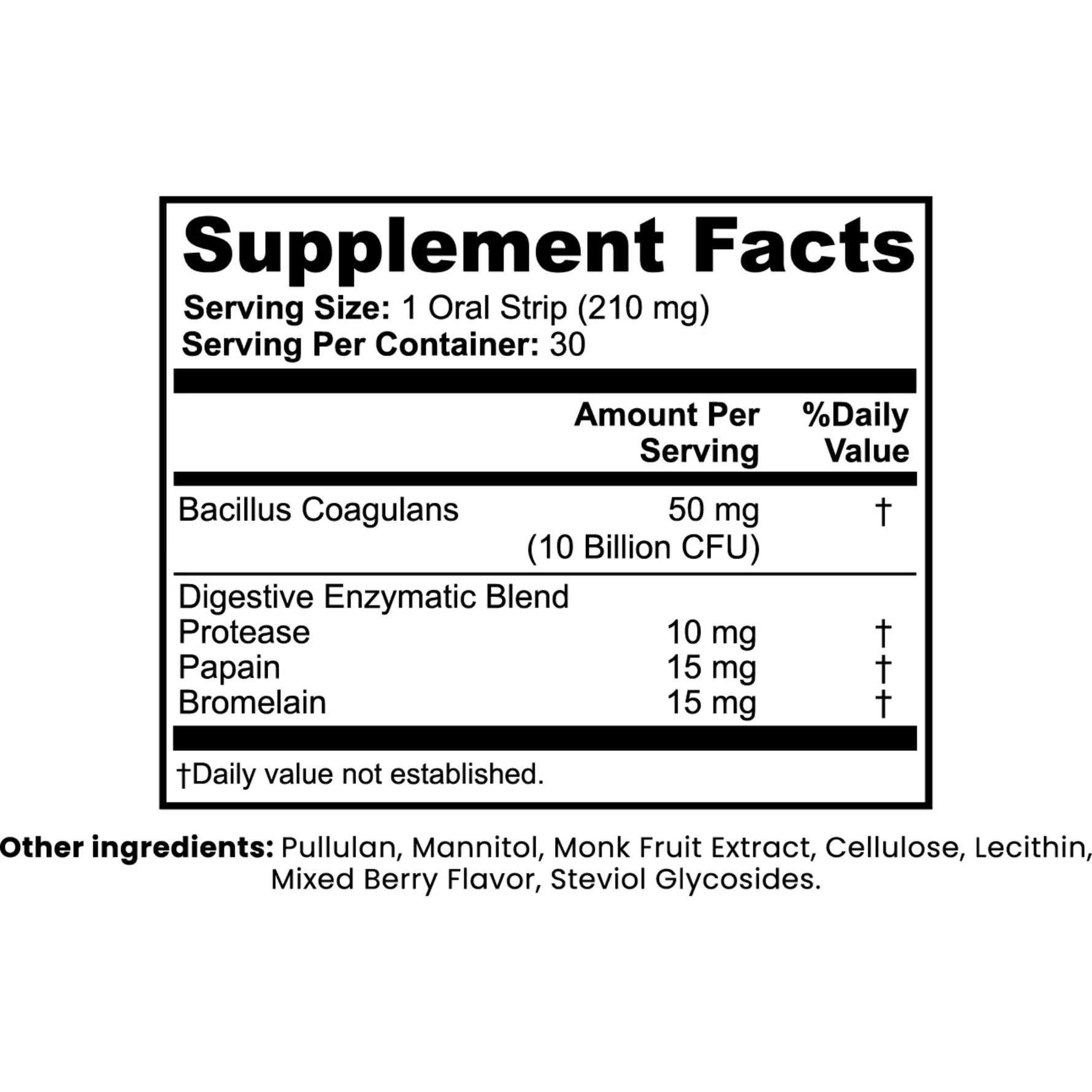 A Supplement Facts label showing ingredients and serving information for a product, with text listing Bacillus Coagulans, digestive enzymatic blend components, and other ingredients on a white background.