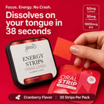 Glenari Energy Strips cranberry flavor supplement packaging on a red background, with a hand peeling a red strip from a packet. Text highlights 50mg caffeine, 30mg L-Theanine, and 1000mg B12.
