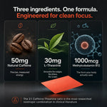 Promotional graphic for a supplement powder showing three ingredient panels: coffee beans labeled 50mg Natural Caffeine, green tea leaves labeled 30mg L-Theanine, and a blue cell graphic labeled 1000mcg Methylcobalamin B12. A red powder sample is shown in front on a dark background with headline text about one formula and clean focus.