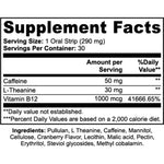Supplement facts label with caffeine, L-theanine, and Vitamin B12 content on a white background