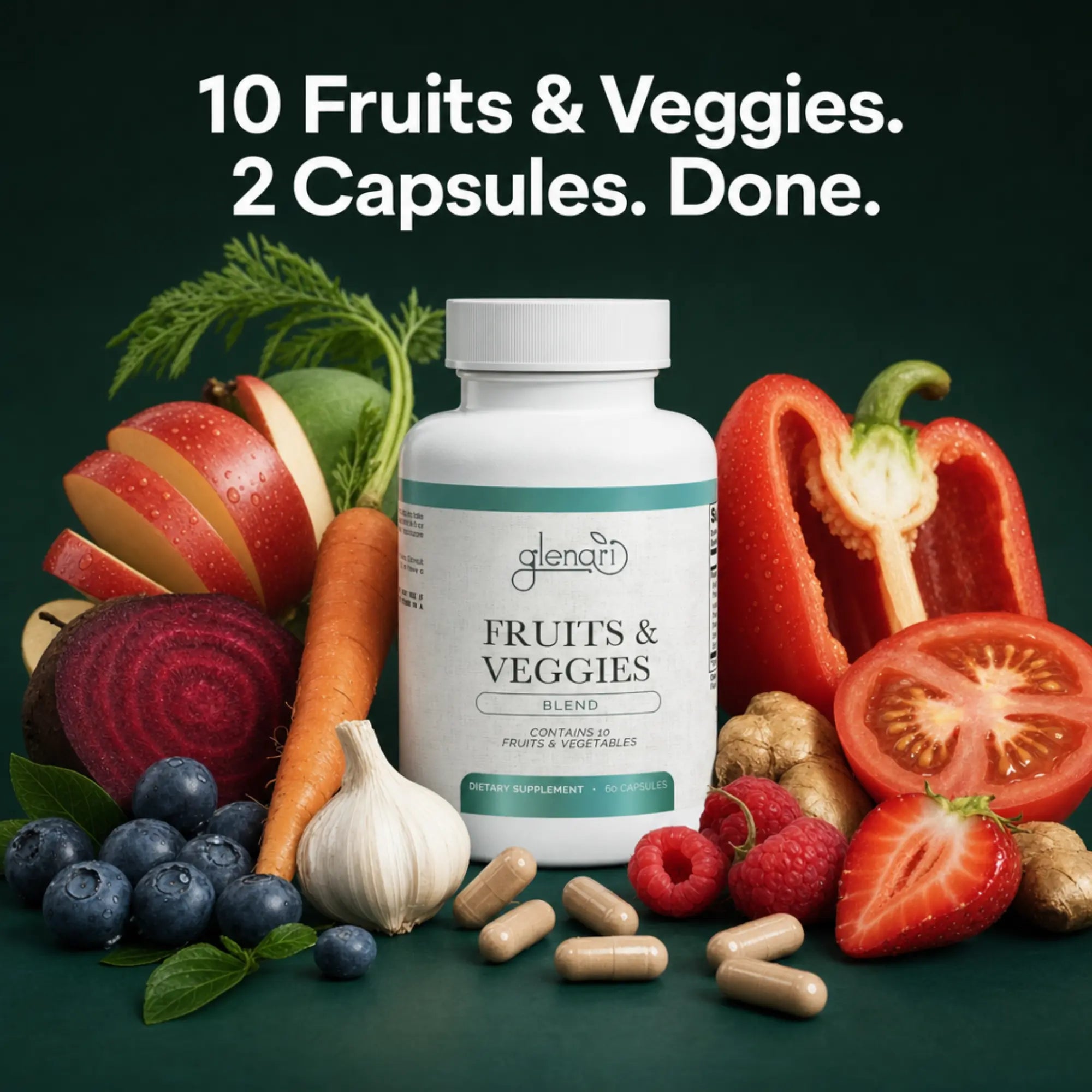 A bottle of Glenari Fruits & Veggies Blend dietary supplement centered among assorted fruits and vegetables, with capsules in front and large text above reading '10 Fruits & Veggies. 2 Capsules. Done.'