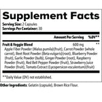 A close-up of a supplement facts label for 'Fruit & Veggie Blend' showing serving size, servings per container, and a list of ingredients including apple fiber powder, carrot powder, beet root powder, blueberry powder, garlic powder, ginger powder, raspberry powder, red bell pepper powder, strawberry juice powder, tomato extract, gelatin, and brown rice flour.
