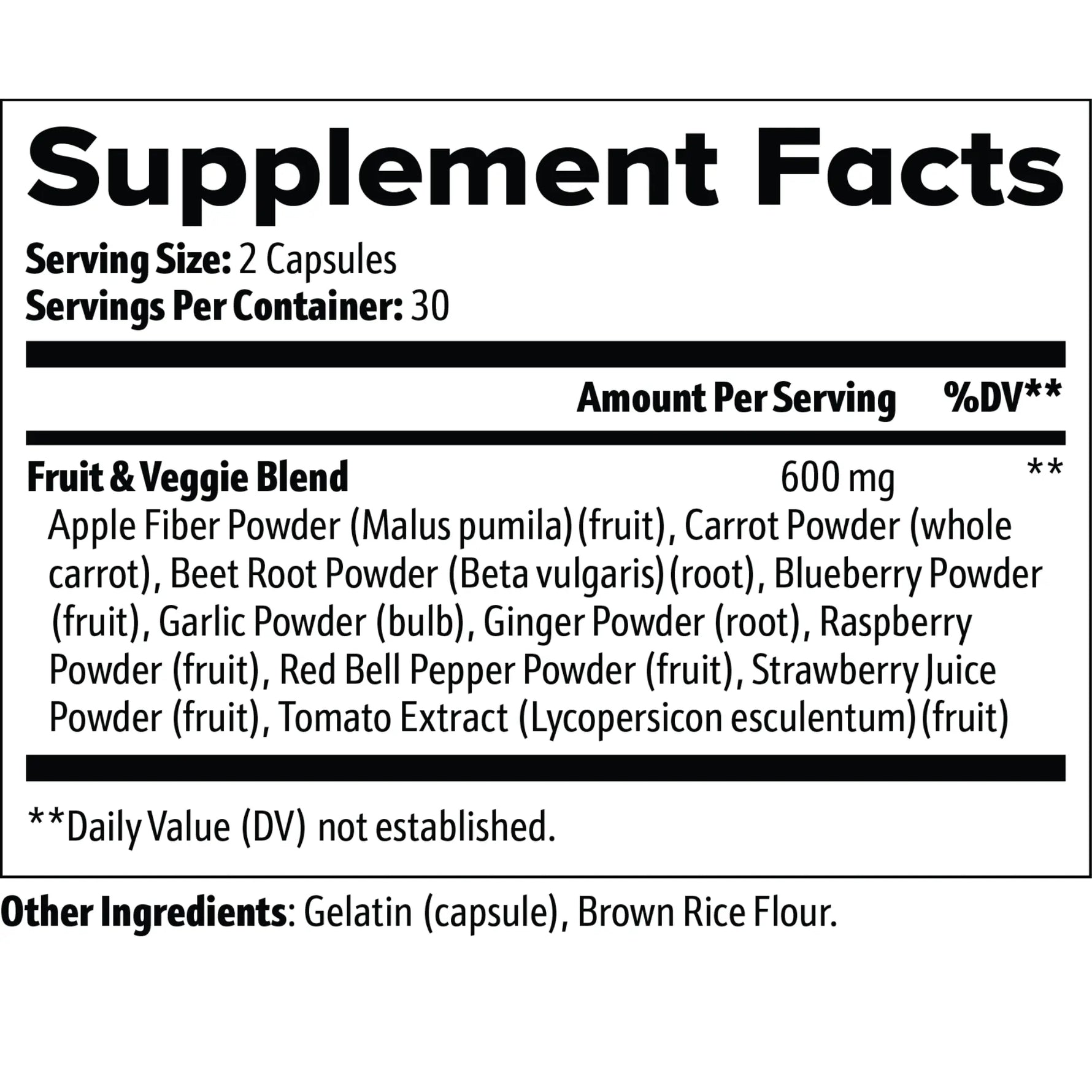 A close-up of a supplement facts label for 'Fruit & Veggie Blend' showing serving size, servings per container, and a list of ingredients including apple fiber powder, carrot powder, beet root powder, blueberry powder, garlic powder, ginger powder, raspberry powder, red bell pepper powder, strawberry juice powder, tomato extract, gelatin, and brown rice flour.