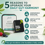 Promotional graphic for Glenari gut strips showing two product boxes, one labeled 'GUT STRIPS' and one labeled 'ORAL STRIP MIXED BERRY FLAVOR,' with text listing five benefits for gut harmony. The design uses mint green, white, and dark teal on a light background with berry illustrations.