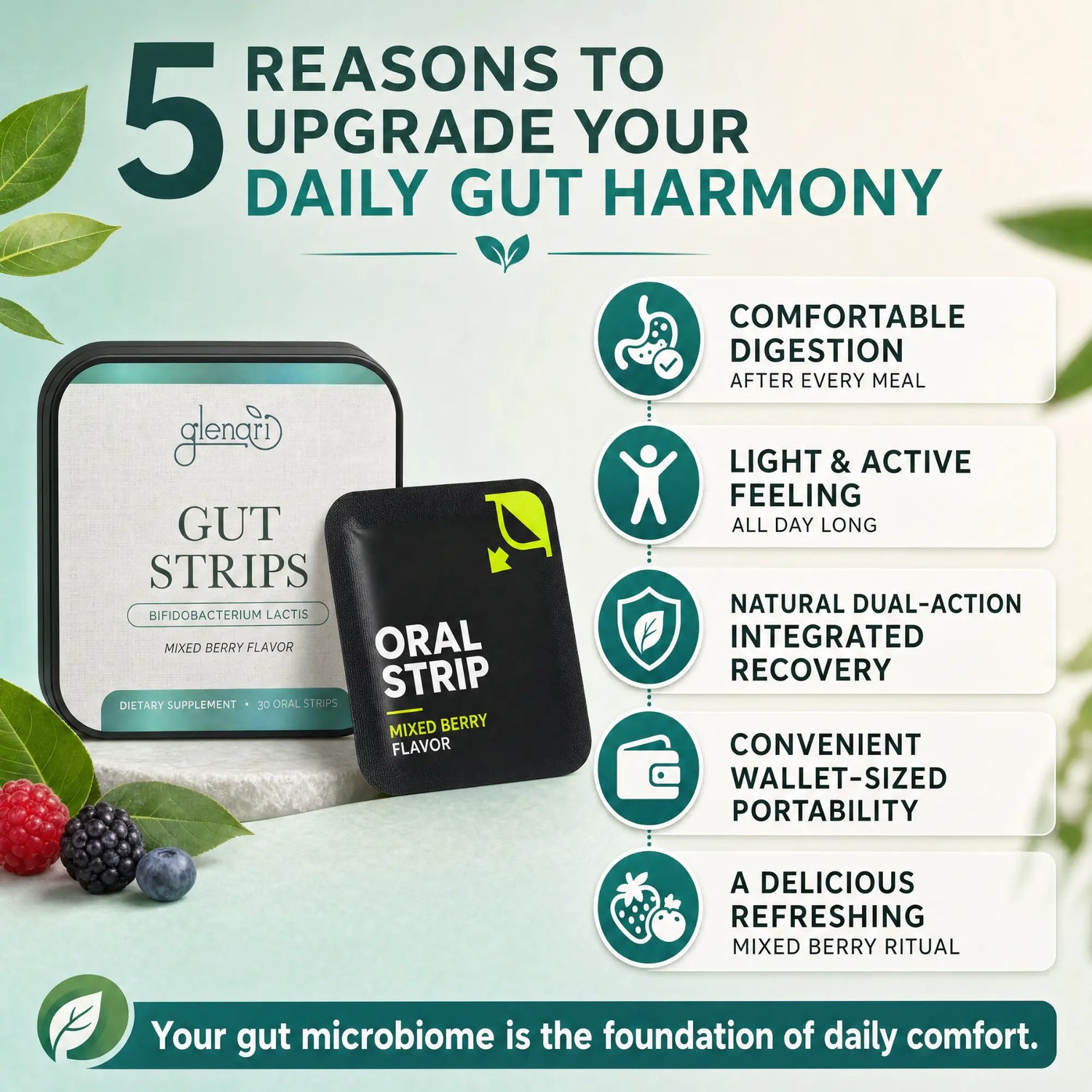 Promotional graphic for Glenari gut strips showing two product boxes, one labeled 'GUT STRIPS' and one labeled 'ORAL STRIP MIXED BERRY FLAVOR,' with text listing five benefits for gut harmony. The design uses mint green, white, and dark teal on a light background with berry illustrations.