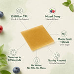 A square tan herbal supplement tablet is centered on a light cream background with surrounding berries and leaves. Text callouts around the tablet describe features such as 15 billion CFU, mixed berry flavor, monk fruit + stevia, dissolving in 42 seconds, no water or pills, and quality assurance.