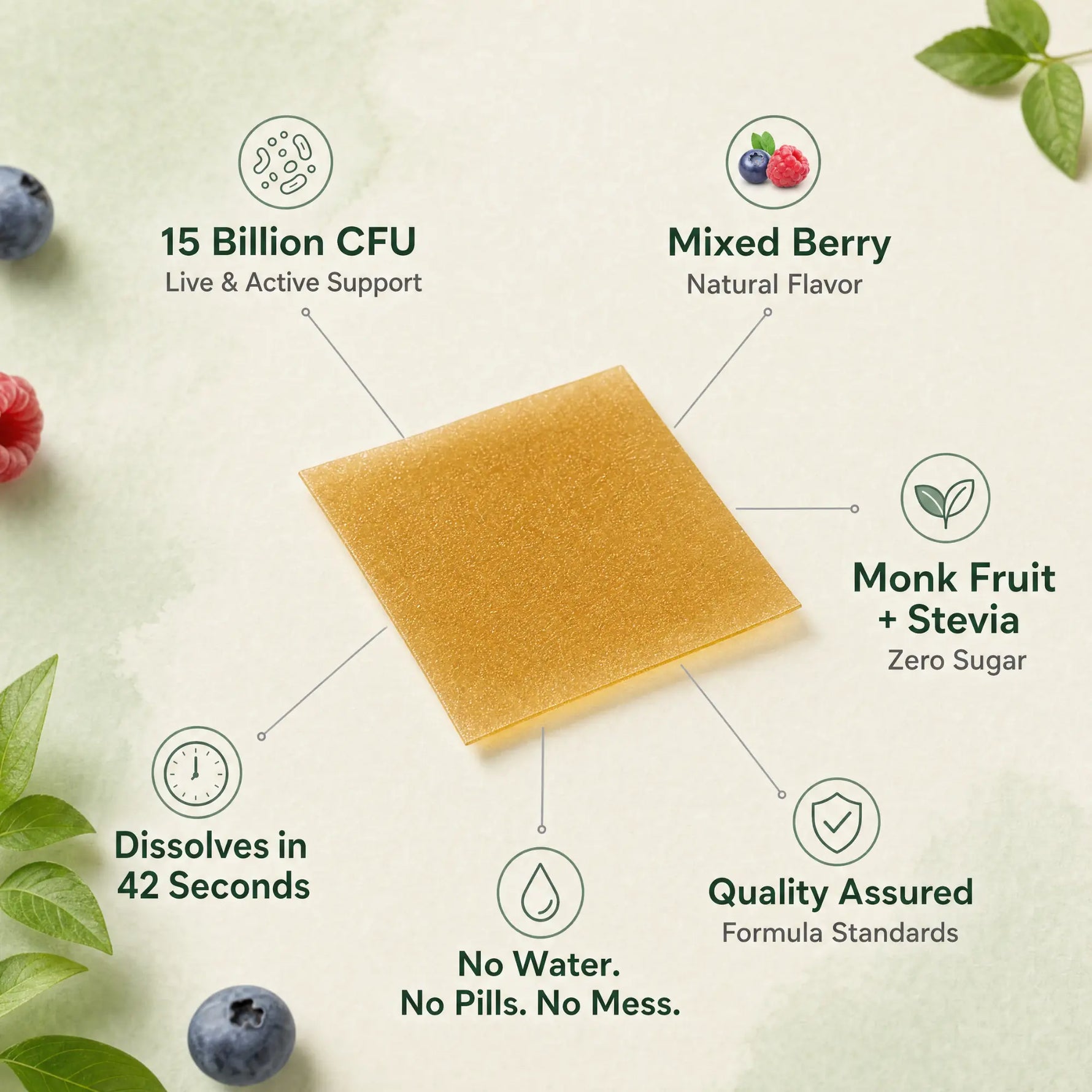 A square tan herbal supplement tablet is centered on a light cream background with surrounding berries and leaves. Text callouts around the tablet describe features such as 15 billion CFU, mixed berry flavor, monk fruit + stevia, dissolving in 42 seconds, no water or pills, and quality assurance.
