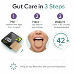 An infographic titled 'Gut Care in 3 Steps' explains how to use Oral Strip. It shows three numbered steps: peeling one strip from the black packaging, placing the beige strip on the tongue, and dissolving it in 42 seconds.