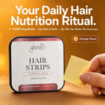 A hand holds an orange-flavored hair strip while a square tin of Glenari Hair Strips sits on a warm brown surface. Large text at the top reads, 'Your Daily Hair Nutrition Ritual.