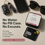 A styled flat-lay of a hair strip oral spray product showing a square tin labeled 'glazed hair strips' and a black travel-sized packet labeled 'oral strip orange flavor,' alongside a car key, smartphone, and sunglasses on a beige surface with marketing text.