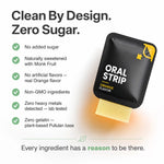 A single black Oral Strip orange-flavored oral care strip shown on a white background with marketing text listing zero sugar benefits and a green checkmark for each point.
