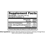 A supplement facts label showing a 30-day serving container with details for Vitamin D3, Folate, Biotin, and a list of other ingredients including pullulan, mannitol, monk fruit extract, cellulose, orange flavor, malic acid, lecitin, and steviol glycosides.