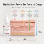 An informational product graphic for a hyaluronic acid skincare bottle. The image includes a bottle labeled 'GLENARI HYALURONIC ACID' on the left, a cross-section diagram of skin layers in the center, and explanatory text about hydration levels and skin layers.