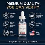 A bottle of Glenari Hyaluronic Acid serum centered on a dark navy promotional graphic with text and icons about certification, testing, and US-made quality.