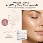 Promotional skincare graphic with the headline 'What Is DMAE — And Why Your Skin Needs It,' a line drawing of facial muscle areas, a chemical structure labeled DMAE, and a small jar of Glenari Hyaluronic & CoQ10 Cream placed in front of a close-up of a woman's face.